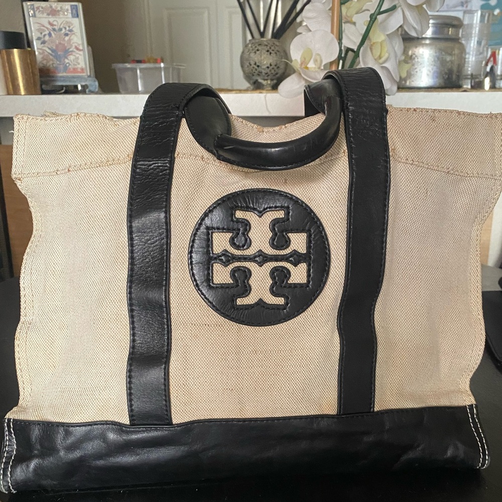 Tory Burch Large “Ella” Canvas Tote Bag w/Black Leather Trimming.